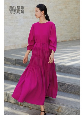 夏日火龙果CR连衣裙女装长裙斯马克工艺流行新款春夏松弛风送腰带