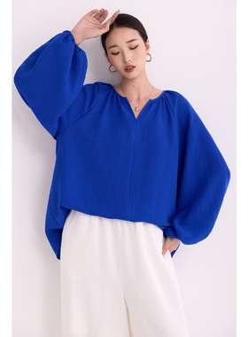 通勤风蓝色V领衬衫简约chic小衫女长袖宽松灯笼袖松弛感气质上衣