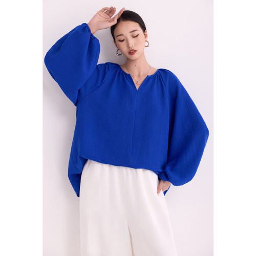 通勤风蓝色V领衬衫简约chic小衫女长袖宽松灯笼袖松弛感气质上衣