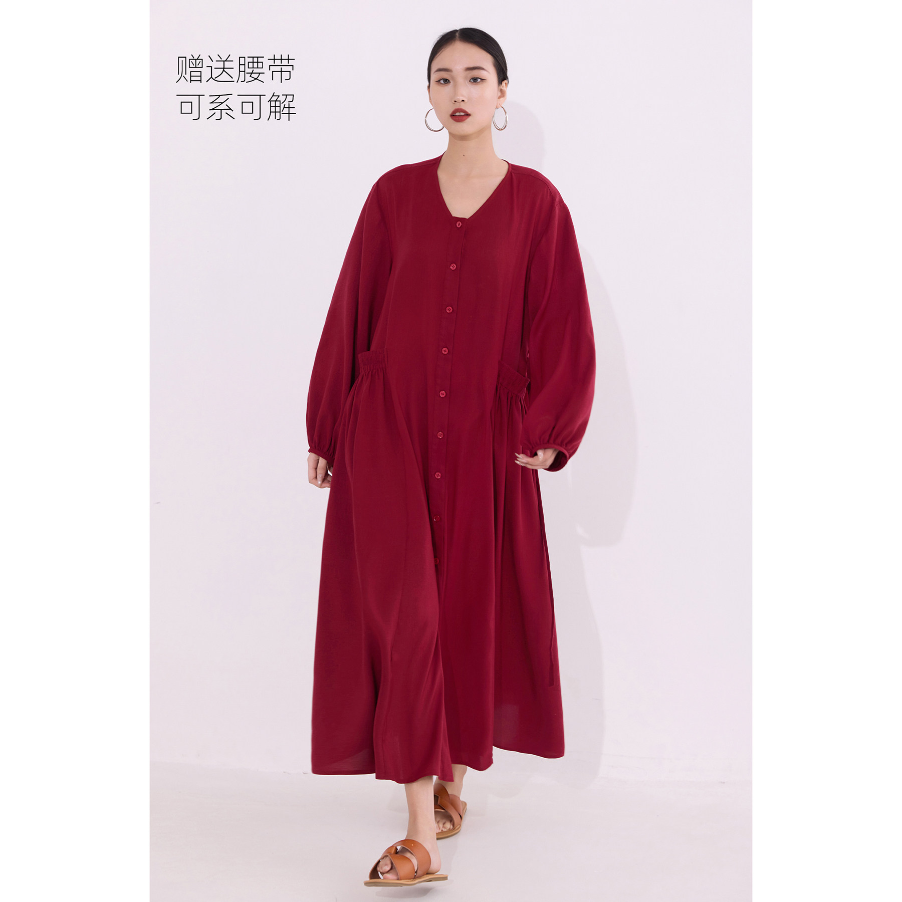 红色灯笼袖连衣裙女春秋新款宽松显瘦气质长裙优雅松弛感连身裙子