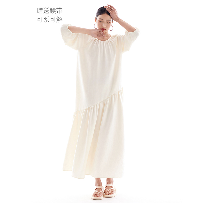 cr法式奶油风不规则长袖连衣裙米
