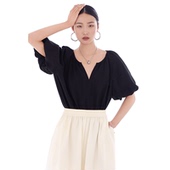 薄款 小衫 衬衫 皱皱肌理女装 黑色 立领宽松气质2026春夏新款 上衣短袖