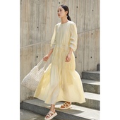 裙子奶黄色海边 口打揽女装 CR连衣裙春夏新款 斯马克工艺圆领弧形袖