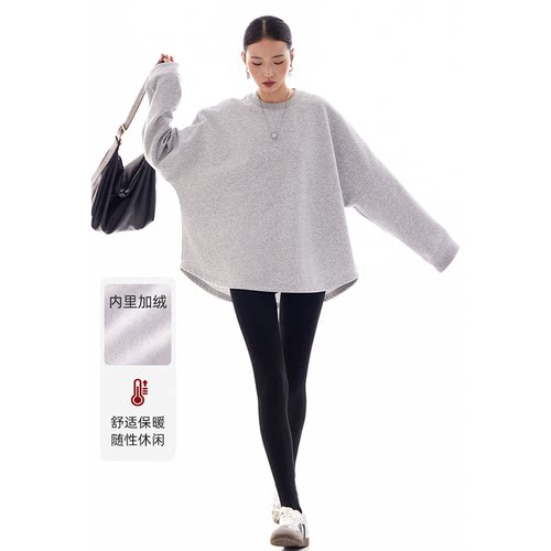 卫衣加绒上衣套头前短后长设计感圆领宽松长袖女装简约休闲春新款