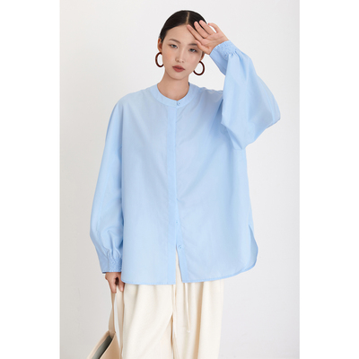 CR小立领蓝色长袖设计感衬衫通勤