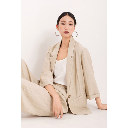 CR卡其色亚麻七分袖西装外套薄款