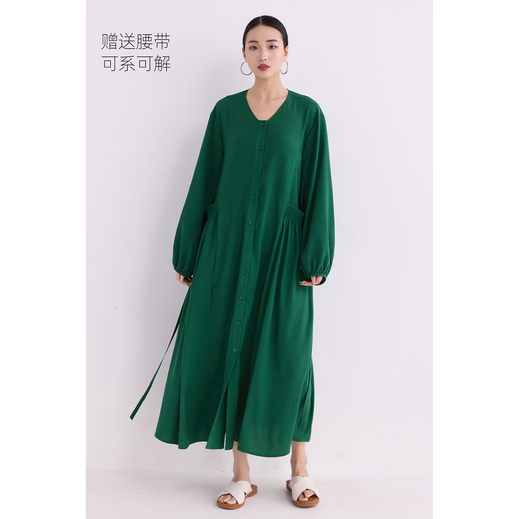 连衣裙女新款裙子简约风V领灯笼袖连身裙宽松气质长裙好看复古绿