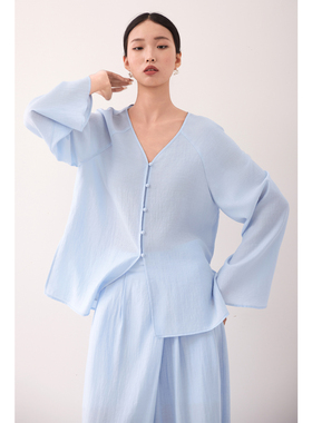 上衣衬衫开衫宽松开叉慵懒松弛风舒适自由气质薄款小衫女装海蓝色