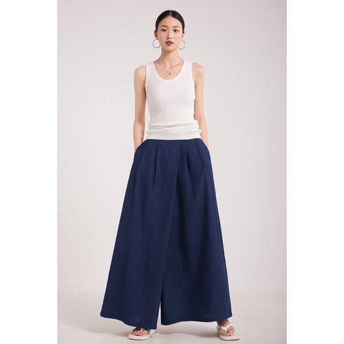 CR藏蓝色阔腿裙裤藏宽松老钱风