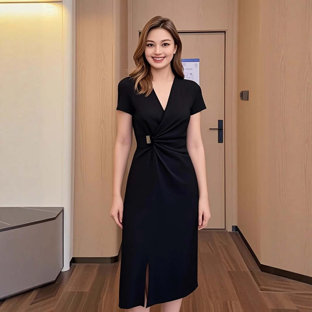 微胖mm夏季新款设计感显瘦V领连衣裙扭结开叉2025新款时尚气质女