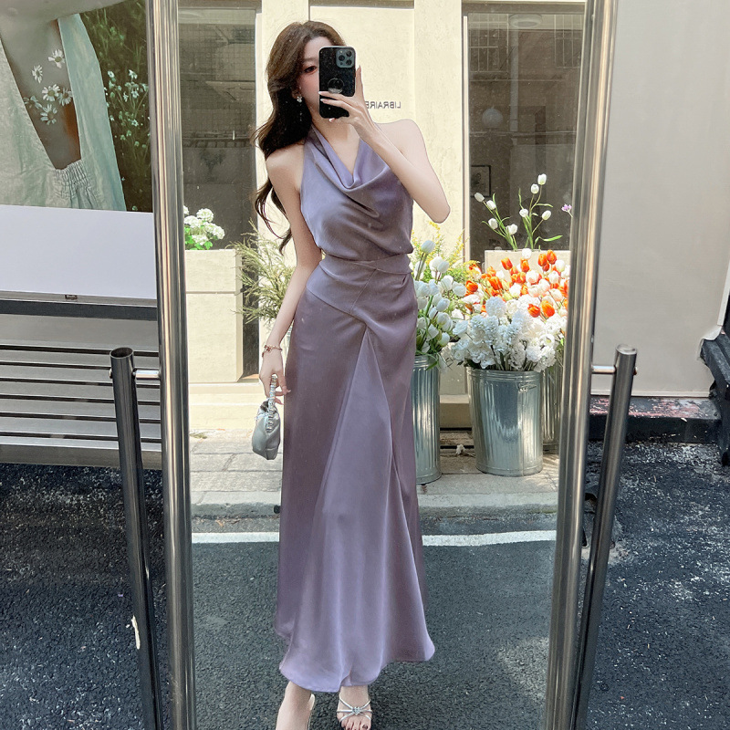 气质紫色荡领设计女人味礼服裙长款生日宴会连衣裙大摆