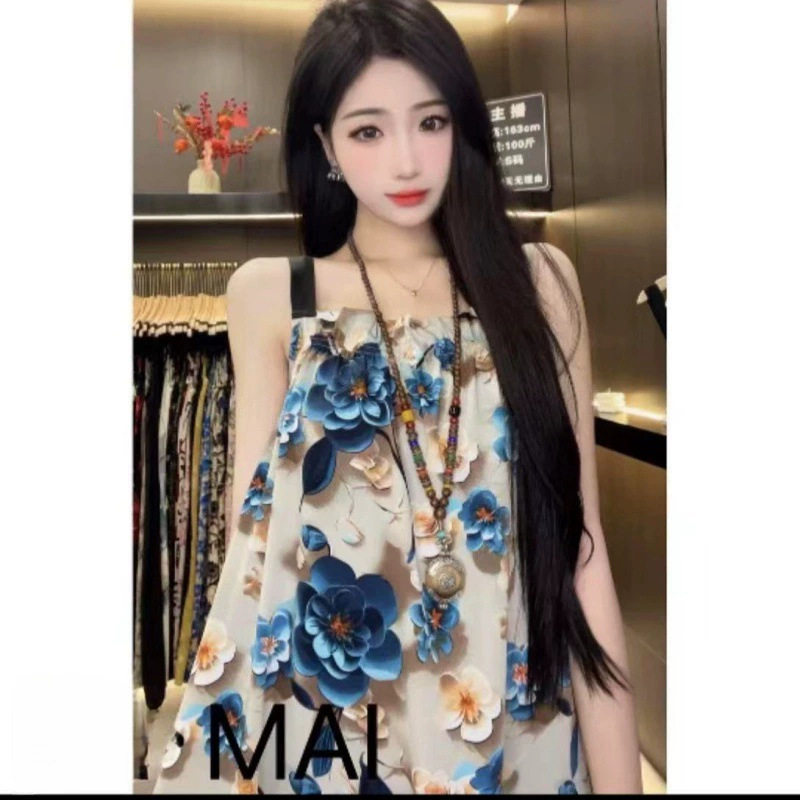 连衣裙套装加外搭宽松长裙印花吊带女款无袖连衣裙气质时尚背带裙图片