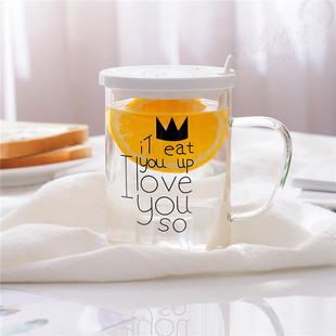 玻璃杯耐高温带把带盖牛奶杯子冲剂杯马克杯字母创意水杯大容量杯