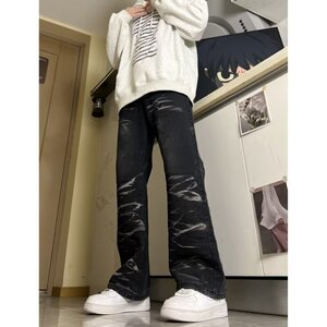 MA752-P50新款美式复古做旧水波纹牛仔裤宽松直筒欧美高街vibe裤图片