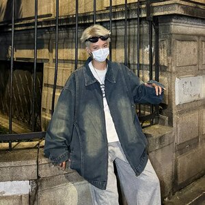 高街水洗做旧扎染工装牛仔夹克收口袖秋季常规潮长袖图片