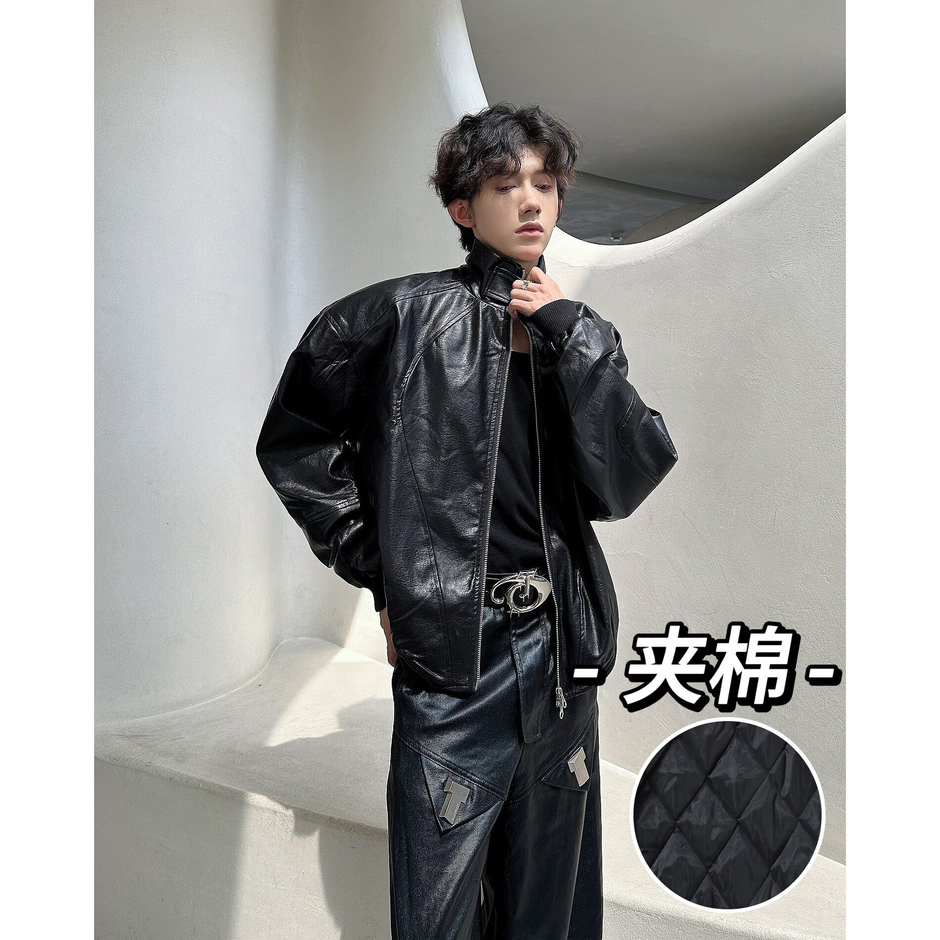 MA677-P夹棉83常规73美式复古立领机车PU皮衣短款夹棉加厚外套,男装皮衣,星座1611A