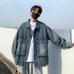 MA633-P68港风bf大口袋牛仔外套春秋季宽松百搭潮牌翻领工装夹克图片