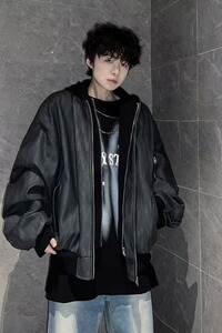 MA540-P83高级黑灰色纹理拉链连帽假两件皮夹克宽松飞行员pu皮衣图片