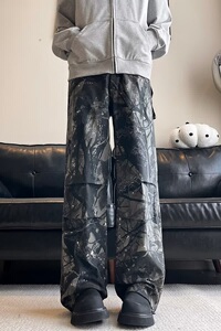MA565-P59美式复古高街树枝纹迷彩褶皱工装裤直筒宽松显高痞帅裤图片