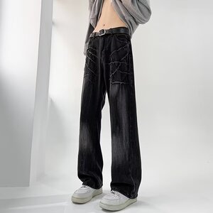 MA717-P48美式复古闪电裂纹vibe风牛仔裤男痞帅男款显瘦直筒裤子图片