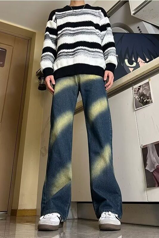 MA751-P50复古水洗做旧扎染宽松牛仔裤高街vibe风微喇叭裤潮牌,男装牛仔裤,星座1611A