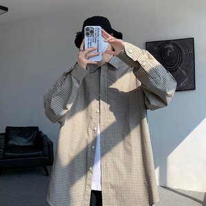MA492-P45日系复古v无性别格子衬衫长袖格纹衬衣春秋宽松情侣外套