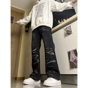 MA752-P50新款美式复古做旧水波纹牛仔裤宽松直筒欧美高街vibe裤图片