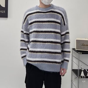 MA512-P55貂毛针织衫秋冬潮牌复古慵懒风条纹撞色宽松套头毛衣图片
