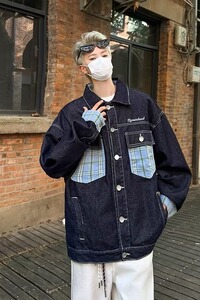 MA641-P70长袖牛仔布常规款翻领格子口袋拼接牛仔外套宽松型外套图片