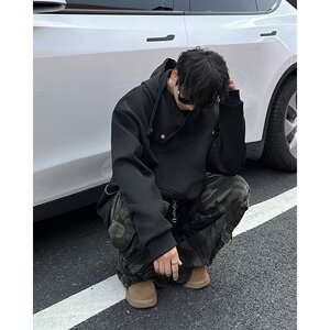 MA597-P55美式街头嘻哈不规则连帽卫衣秋季情侣宽松重磅拼接外套图片