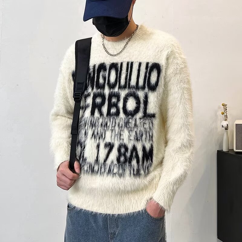 MA709-P55复古水貂毛提花字母针织衫简约宽松重磅圆领长袖毛衣,针织衫/毛衣,星座1611A
