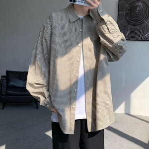 MA492-P45日系复古v无性别格子衬衫长袖格纹衬衣春秋宽松情侣外套图片
