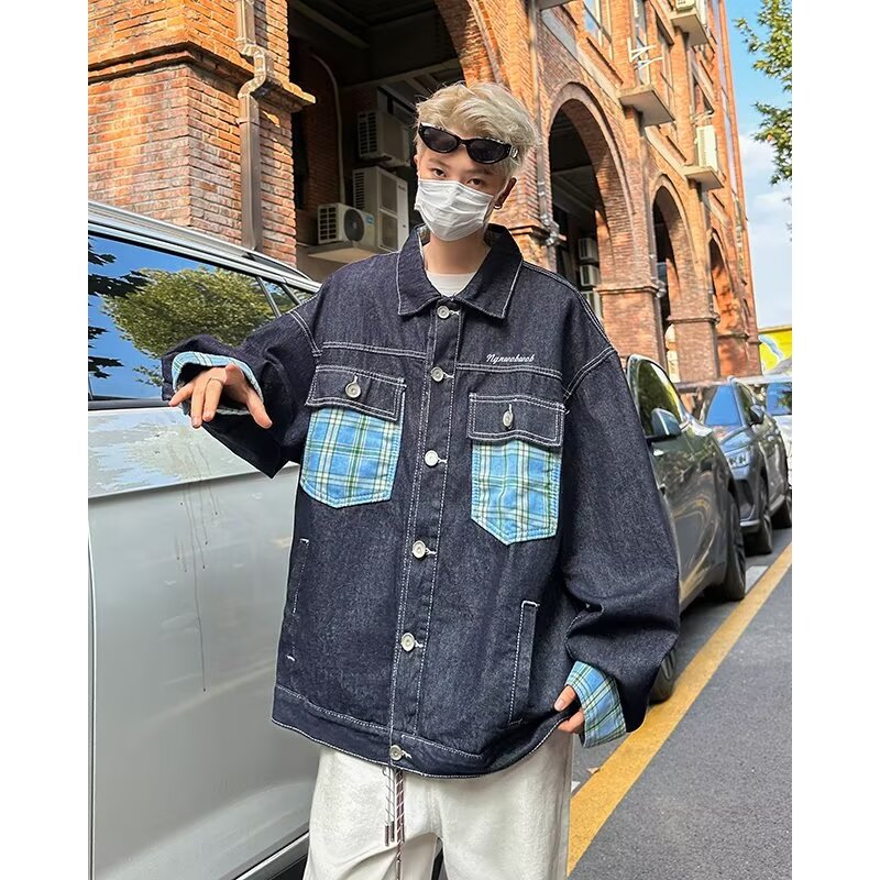 MA641-P70长袖牛仔布常规款翻领格子口袋拼接牛仔外套宽松型外套,男装工装外套,星座1611A