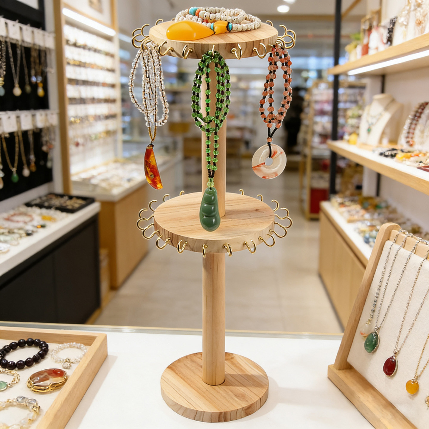 创意实木质首饰架双层项链耳环吊坠收纳架饰品店桌面柜台展示架,收纳整理,首饰架,淘宝优惠券,粉丝福利购,淘宝优惠卷