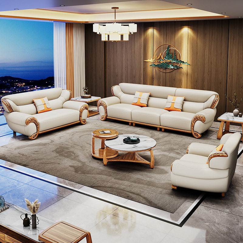 乌金木真皮沙发新中式别墅客厅大小户型头层牛皮欧式实木124组合
