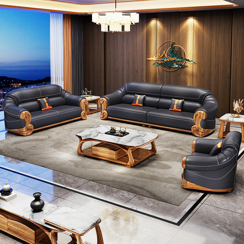 新中式乌金木真皮沙发现代简约全实木别墅客厅大户型组合新款家具