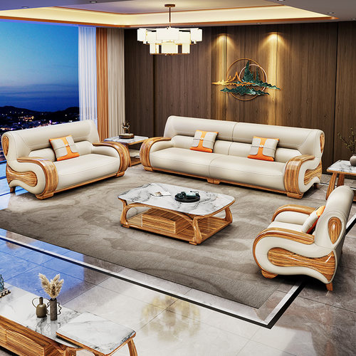 新中式乌金木真皮沙发现代别墅大坪数欧式客厅头层牛皮全实木家俱