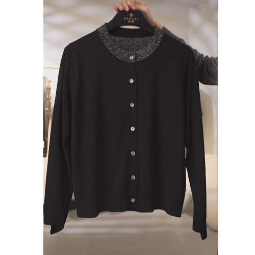 新款气质百搭洋气女装撞边羊毛长袖开衫外套女XT-2617161A