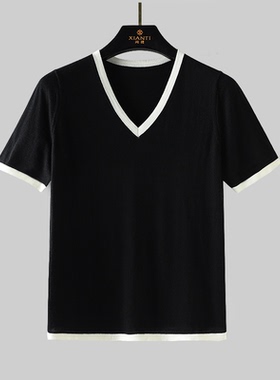 【闲提】春夏百搭显瘦V领撞色羊毛针织短袖 XT-2400754