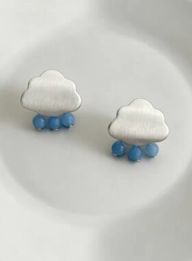 韩系多巴胺蓝色云朵雨滴耳钉女