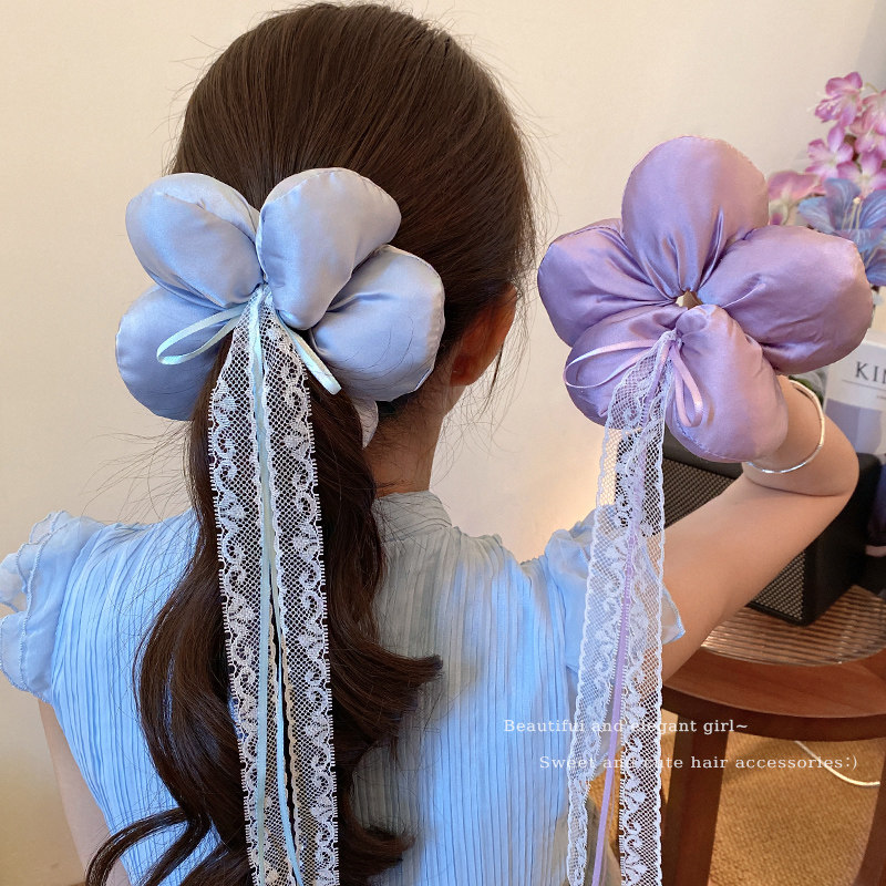 超大发圈洋气紫色花朵蕾丝飘带大肠发圈女独特百搭漂亮头绳发绳