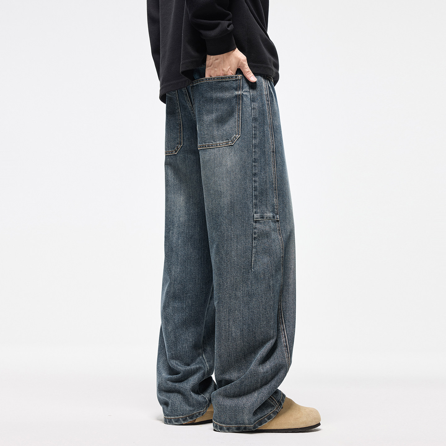 PKL 秋冬弯刀牛仔裤男美式复古拼接设计宽松直筒大码阔腿长裤子,男装,牛仔裤,淘宝优惠券,粉丝福利购,淘宝优惠卷