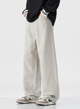 PKL春秋350g休闲裤男莱赛尔天丝棉直筒大码三条杠工装裤美式潮牌