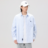 PKL 简约休闲日系翻领上衣潮百搭 男条纹宽松大码 春夏纯棉衬衫 长袖