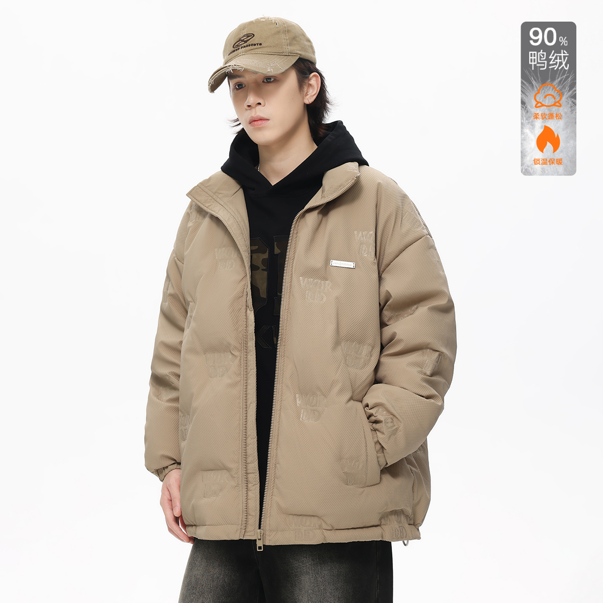 PKL 90白鸭绒羽绒服男轻薄宽松休闲美式潮牌立领压印保暖上衣外套