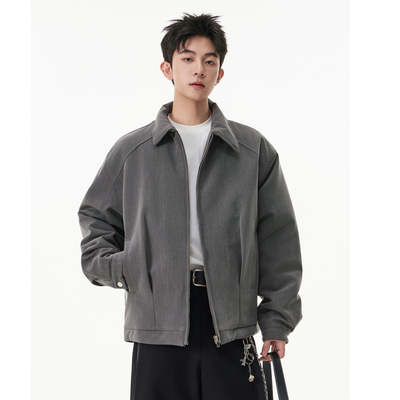 PKL秋冬美式cleanfit短款灰色外套潮牌翻领拉链行政夹克夹棉加厚