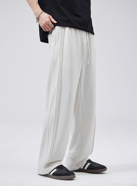 PKL 秋冬三条杠休闲裤男潮牌阔腿宽松直筒运动裤男生裤子简约纯色