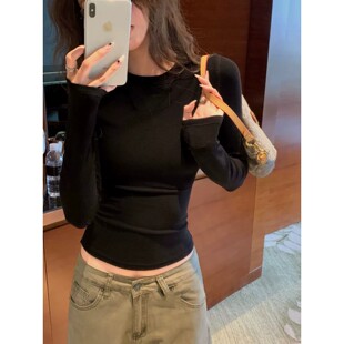 早秋美式skims黑色长袖打底衫女圆领修身短款弹力紧身t恤内搭上衣