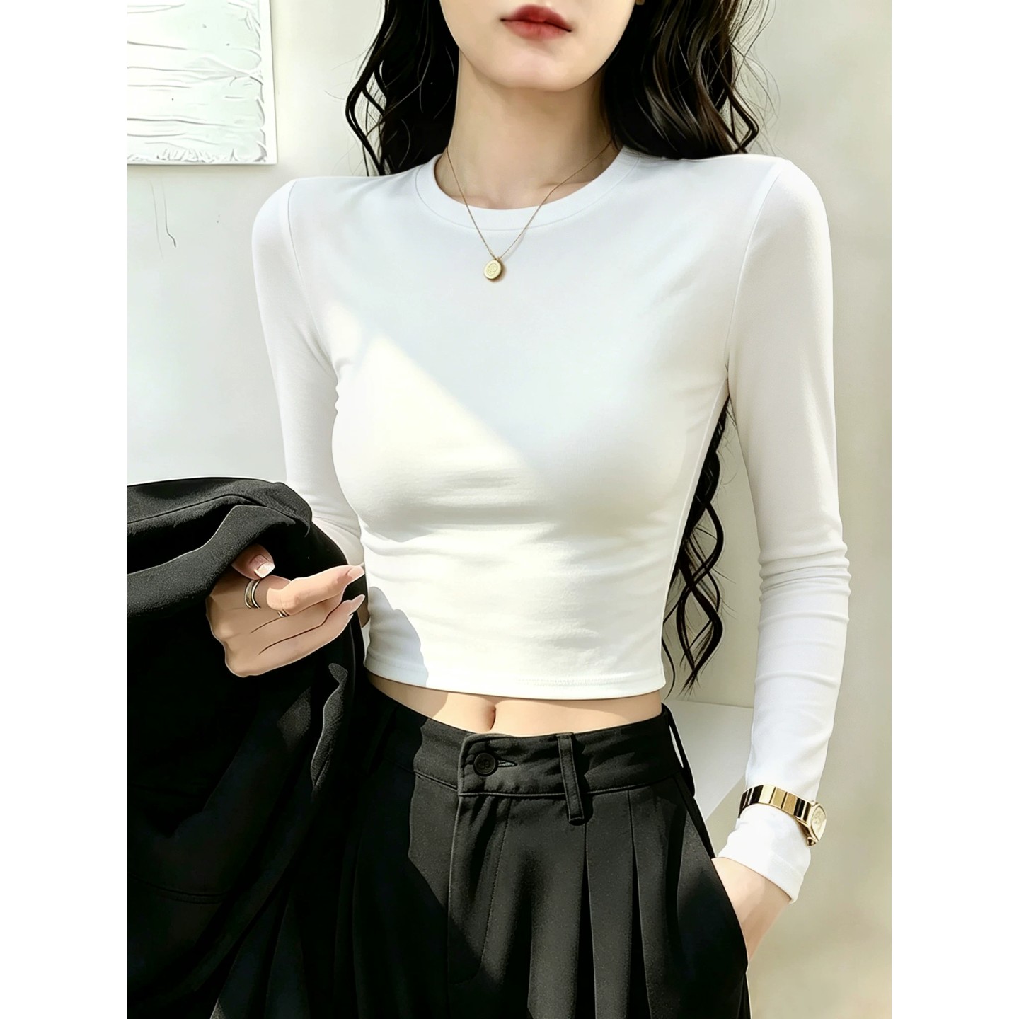 白色超好看长袖T恤女短款紧身显瘦小个子打底衫上衣白女美学女装