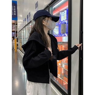 纯棉小个子穿搭黑色连帽短款卫衣女外套2026春秋新款百搭显高上衣